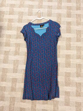 Blue Floral Midi Dress with Red Print - Casual V-Notch Size S. From Germany!